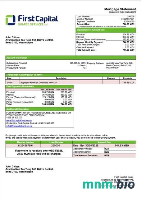 Mozambik First Capital Bank wyciąg z kredytu hipotecznego szablon Word i PDF